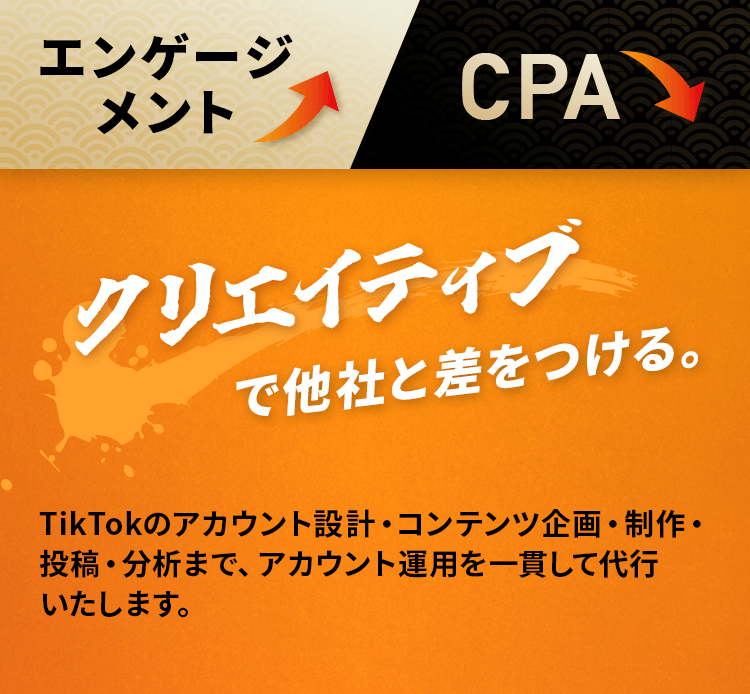 エンゲージメントアップ、CPA削減。クリエイティブで他社と差をつける。TikTokのアカウント設計・コンテンツ企画・制作・投稿・分析まで、アカウント運用を一貫して代行いたします。