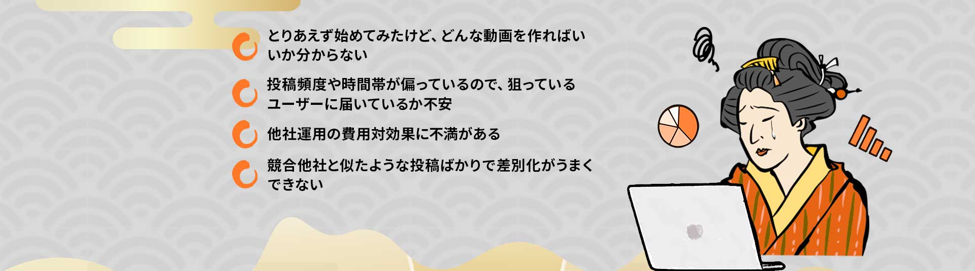 とりあえず始めてみたけど、どんな動画を作ればいいか分からない。投稿頻度や時間帯が偏っているので、狙っているユーザーに届いているか不安。他社運用の費用対効果に不満がある。競合他社と似たような投稿ばかりで差別化がうまくできない。