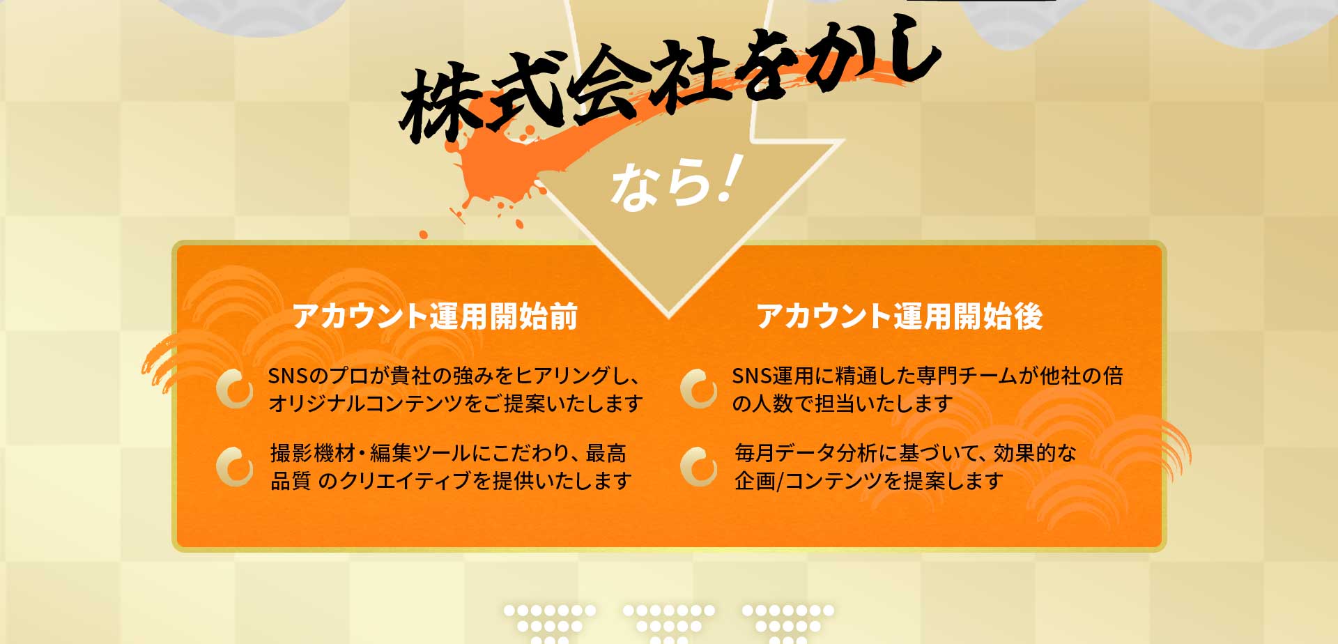 株式会社をかし なら！アカウント運用開始前：SNSのプロが貴社の強みをヒアリングし、オリジナルコンテンツをご提案いたします。撮影機材・編集ツールにこだわり、最高品質のクリエイティブを提供いたします。アカウント運用開始後：SNS運用に精通した専門チームが他社の倍の人数で担当いたします。毎月データ分析に基づいて、効果的な企画・コンテンツを提案します。
