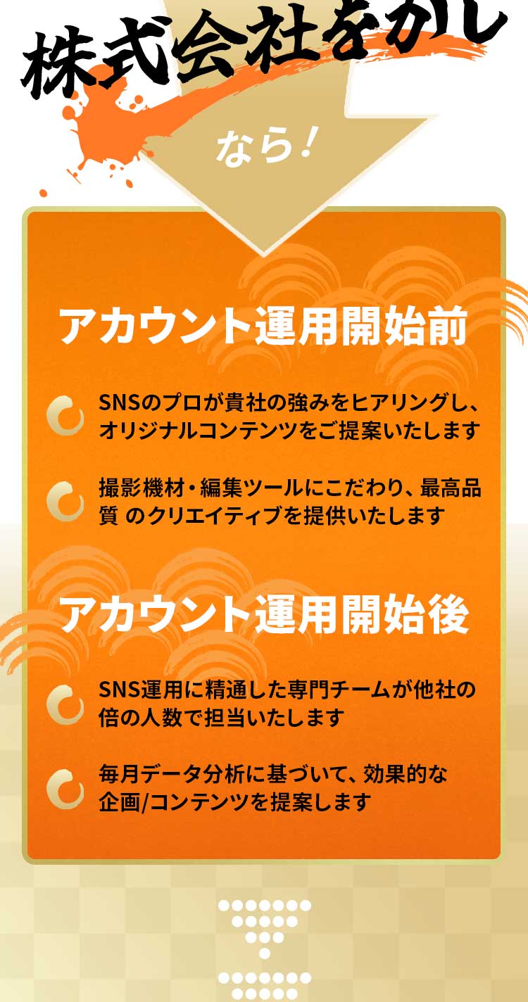 株式会社をかし なら！アカウント運用開始前：SNSのプロが貴社の強みをヒアリングし、オリジナルコンテンツをご提案いたします。撮影機材・編集ツールにこだわり、最高品質のクリエイティブを提供いたします。アカウント運用開始後：SNS運用に精通した専門チームが他社の倍の人数で担当いたします。毎月データ分析に基づいて、効果的な企画・コンテンツを提案します。